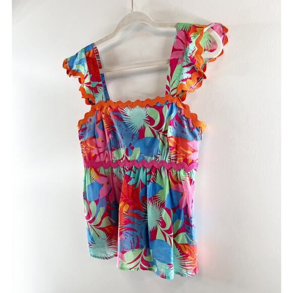 Greylin Skyler Ruffle Scallop Trim Babydoll Square Neck Tropical Top Pink Small - Picture 8 of 8